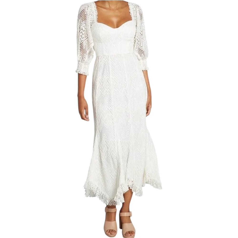 Anthropologie Hutch You Are a Vision Crochet Midi Dress Puff Sleeve White 22
